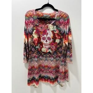 Unity World Wear Sugar Skull Floral Tunic Top Multi-Color 3/4‎ Sleeve 2X Boho